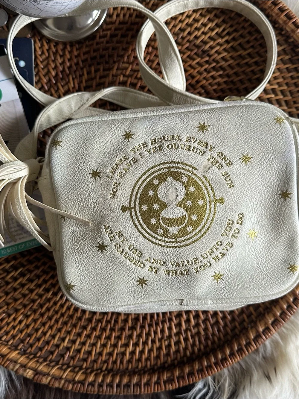 LOUNGEFLY Harry Potter Time Turner Cream Gold-Print Tassel Crossbody Bag